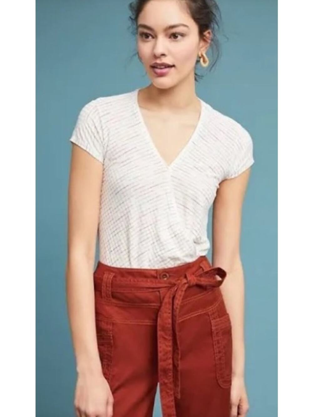 Anthropologie Maeve Leila Striped  Faux-Wrap Top |Large | Rainbow Stripe